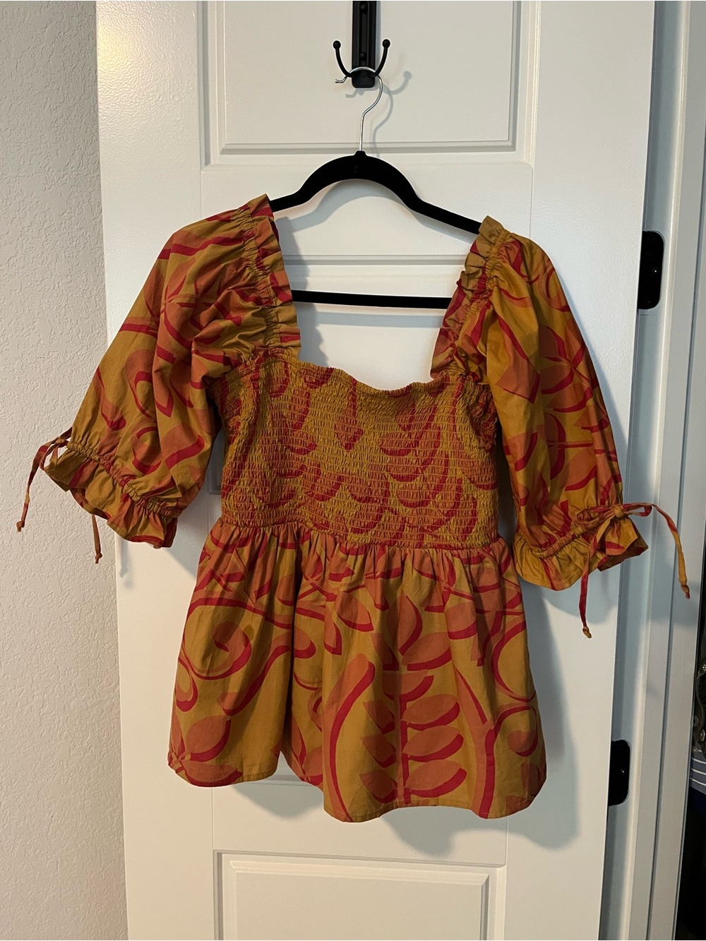 Smocked Square-Neck Blouse in Mustard with Coral Print